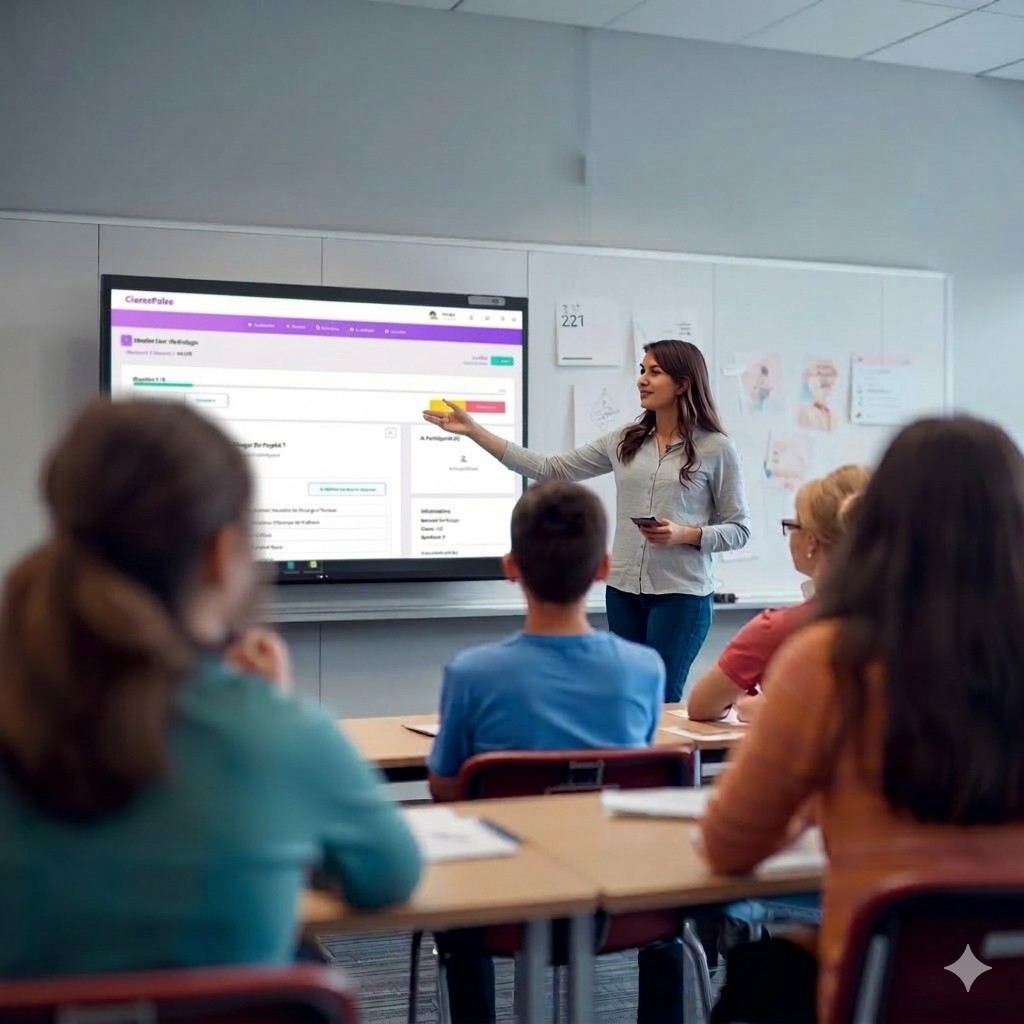 Classe avec enseignant utilisant ClassePulse sur tableau interactif - élèves participants